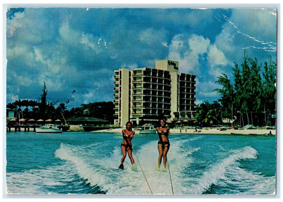 1975 Two Girls Boat Wake Surfing Holiday Inn Bridgetown Barbados Postcard