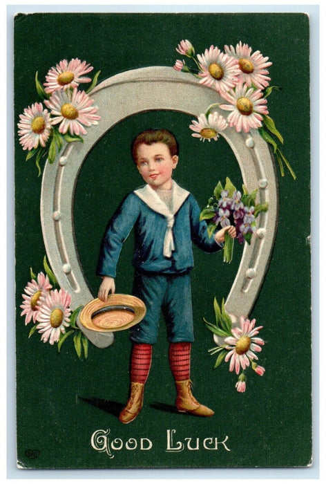 1909 Good Luck Horseshoe Boy Daisy Flowers Embossed Saugerties NY Postcard