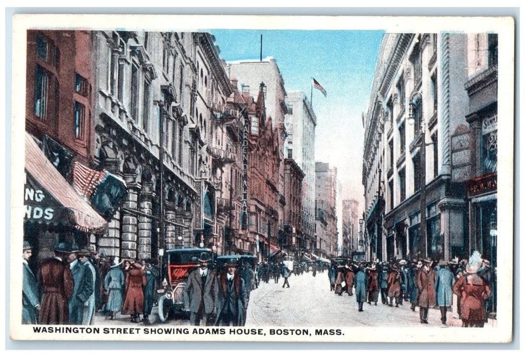 c1910 Washington Street Showing Adams House Cars Boston Massachusetts Postcard