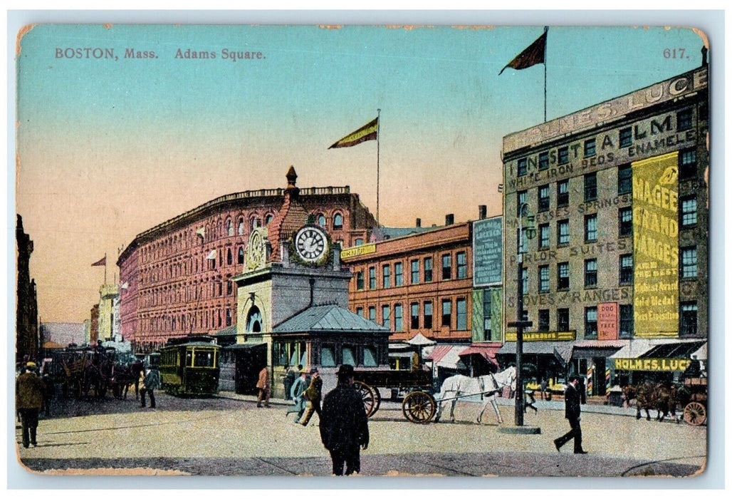 c1910 Adams Square Exterior Building Streetcar Boston Massachusetts MA Postcard