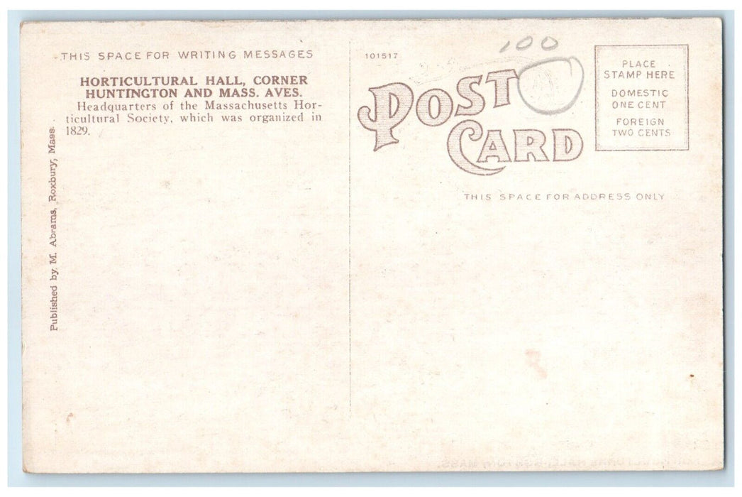c1910 Horticultural Hall Corner Huntington Aves. Boston Massachusetts Postcard
