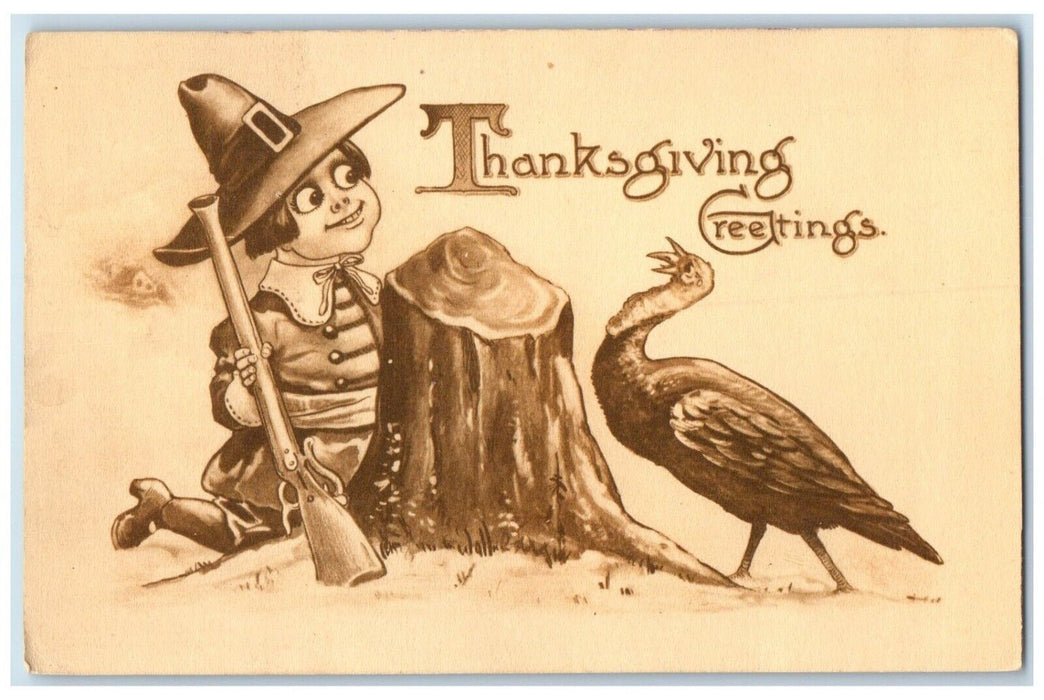 c1910's Thanksgiving Greetings Boy With Gun Caching Turkey Wall Antique Postcard