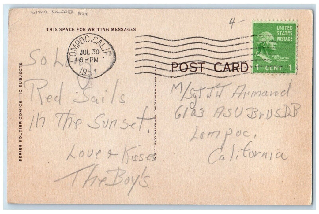 1951 Moving Day WWII Soldier Art Lompoc California CA Posted Vintage Postcard