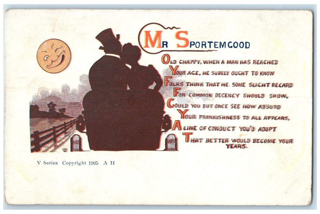 c1910's Couple Romance Mr. Sportemgood Anthropomorphic Moon Face Postcard