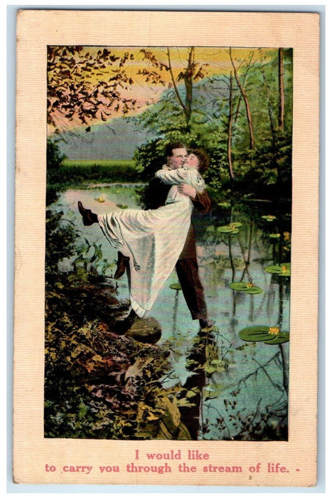1912 Couple Romance Kissing Lilly Pad Shelbyville Illinois IL Antique Postcard