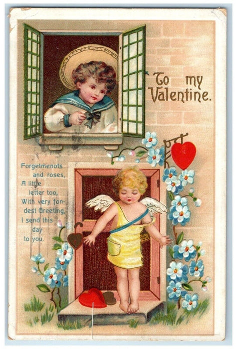 1913 Valentine Cupid Angel Flowers Hearts Boy On Window Clapsaddle Postcard