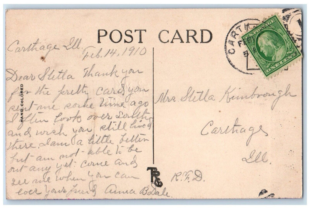 1910 Valentine Heart Flowers Carthage Illinois IL Posted Antique Postcard