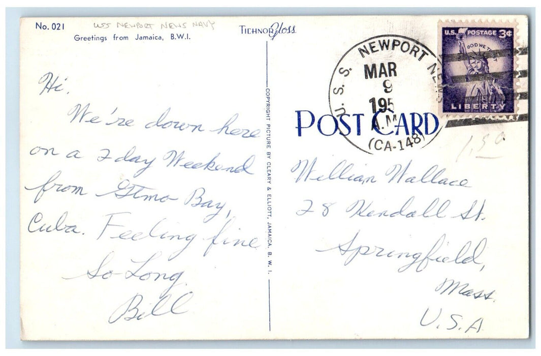 c1950's Greetings From Jamaica BWI USS Newport News Navy Vintage Postcard
