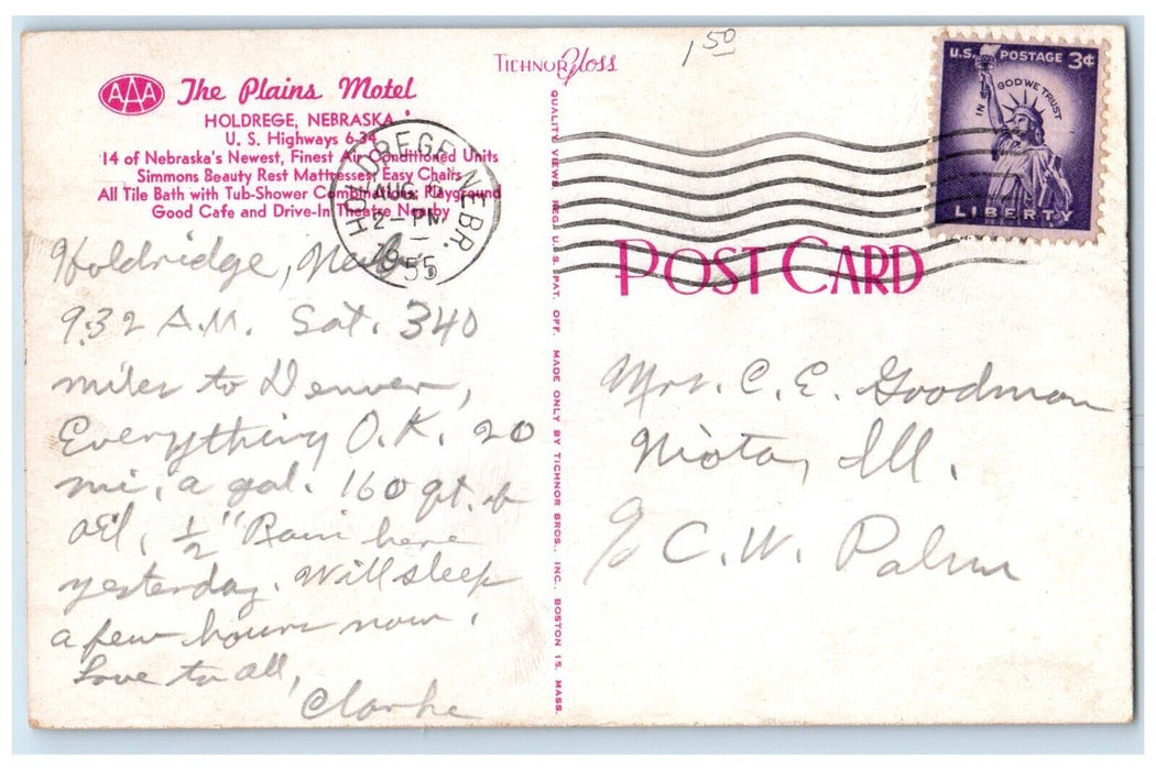 1955 The Plains Motel Roadside Holdrege Nebraska NE Posted Vintage Postcard