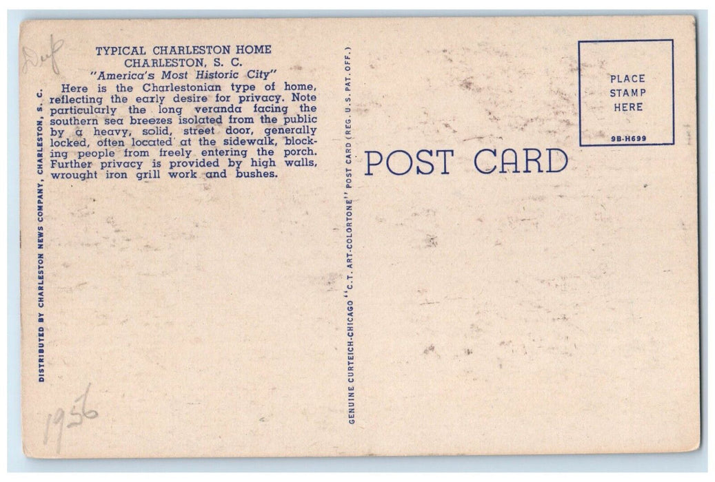 c1940's Charleston Home House Charleston South Carolina SC Vintage Postcard
