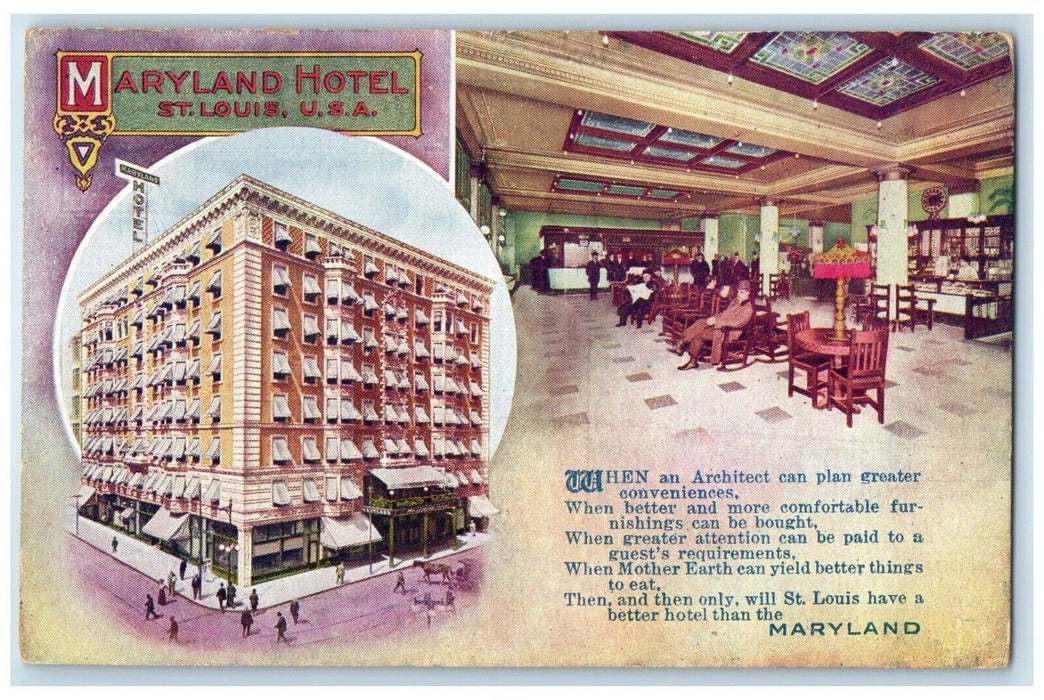 c1910's Maryland Hotel Interior View Building St. Louis Missouri MO Postcard