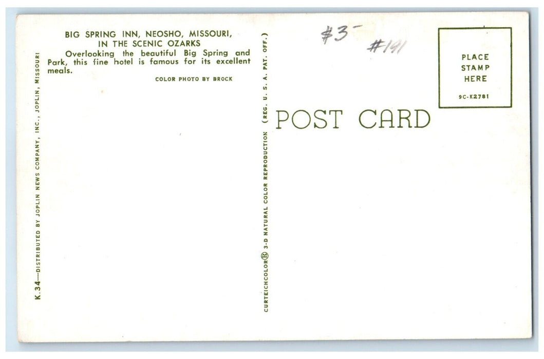 c1950's Big Spring Inn Neosho Missouri MO, In The Scenic Ozarks Vintage Postcard