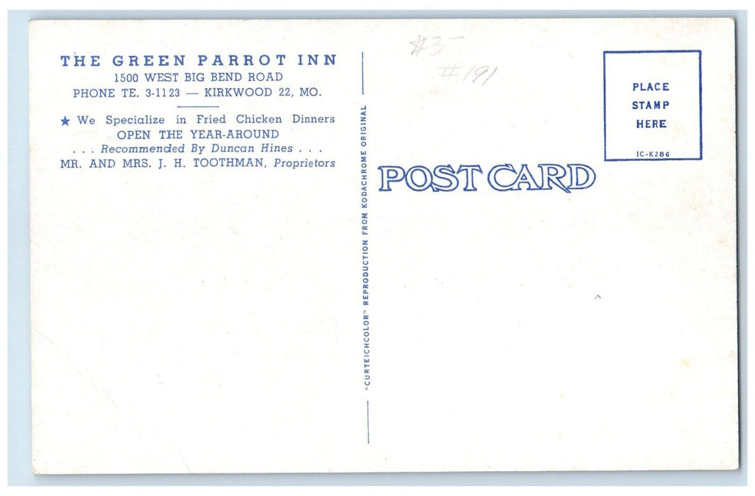 c1930's The Green Parrot Inn Motel Hotel Cars Kirkwood Missouri MO Postcard