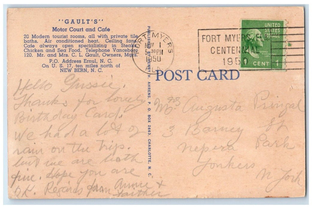 1950 Gault's Motor Court And Cafe New Bern North Carolina NC Multiview Postcard