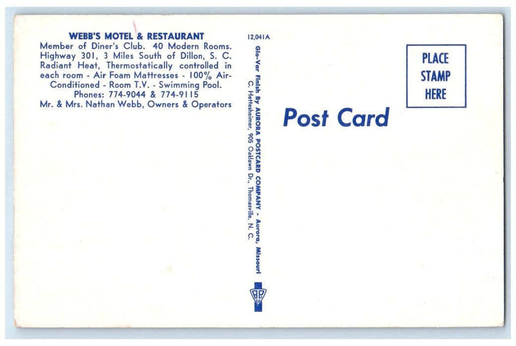 c1950's Webb's Motel & Restaurant Dillon South Carolina SC Vintage Postcard