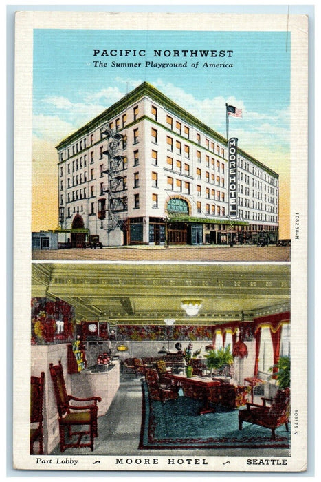 c1930's Moore Hotel Building Lobby Seattle Washington WA Dual View Postcard