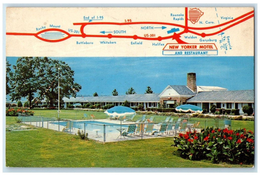 1971 New Yorker Motel & Restaurant Pool Weldon North Carolina NC Postcard
