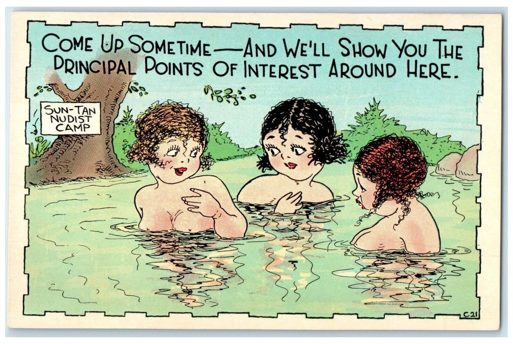 c1910's Sun Tan Womens Nudist Camp Sign Comic Risque Humor Antique Postcard