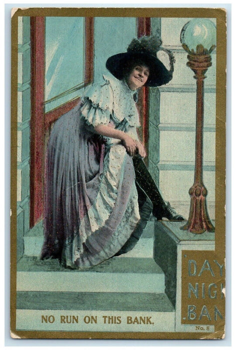 c1910's No Run On This Bank Political Woman Big Hat Fixing Stocking Postcard