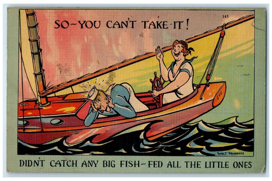 1941 Couple Fishing Seasick Didn't Catch Any Big Fish Three Rives MI Postcard