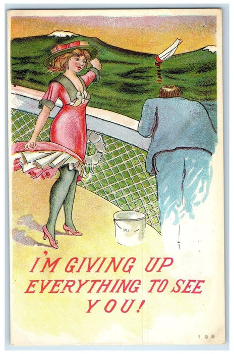 c1910s Pretty Woman Seasick I'm Giving Up Everything To See You Antique Postcard