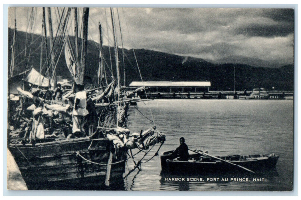 c1940's Harbor Scene Boat Canoeing Schooner Port Au Prince Haiti Postcard