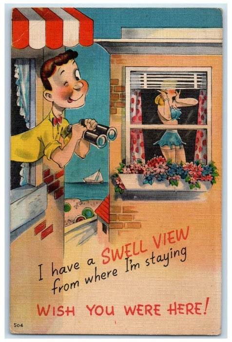 1958 Boy Peeping Sexy Girl On Window Vancouver Canada Posted Vintage Postcard
