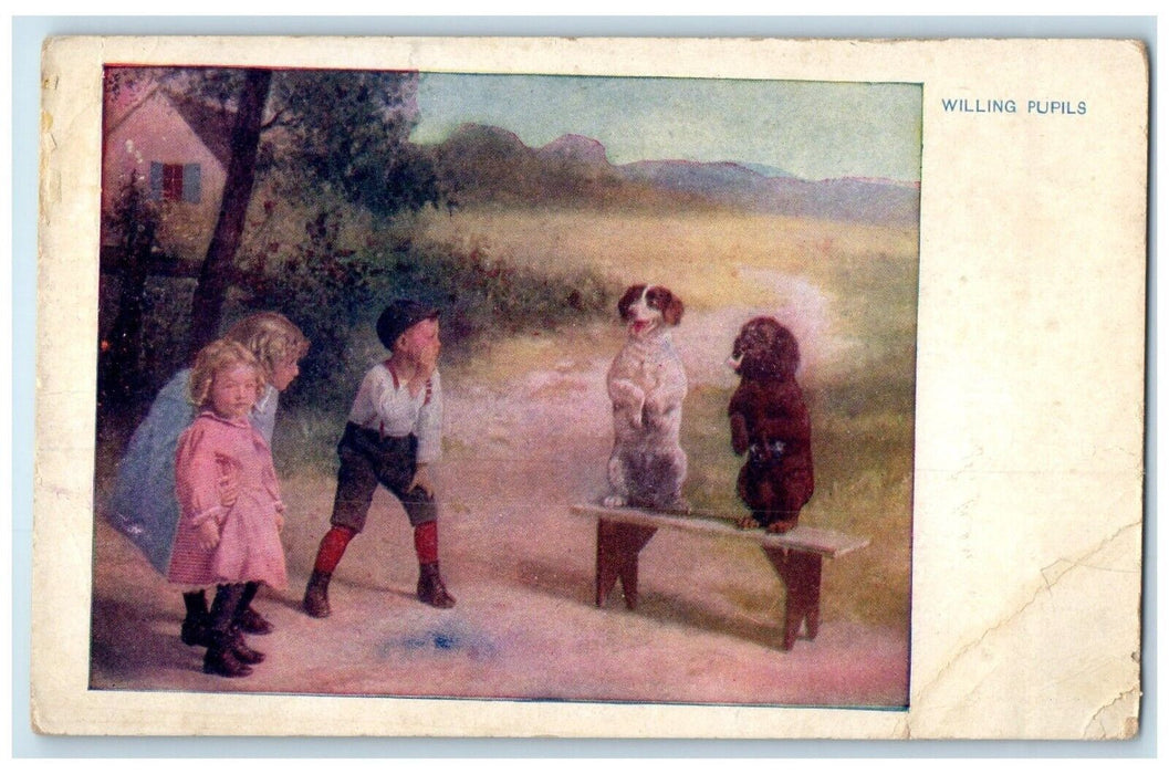 c1910's Willing Pupils Children And Dogs Doing Trick s Unposted Antique Postcard