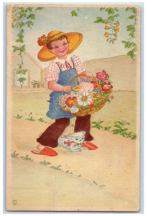 c1930's Girl Holding Flowers In Basket Puppy Dog Hungary Posted Antique Postcard