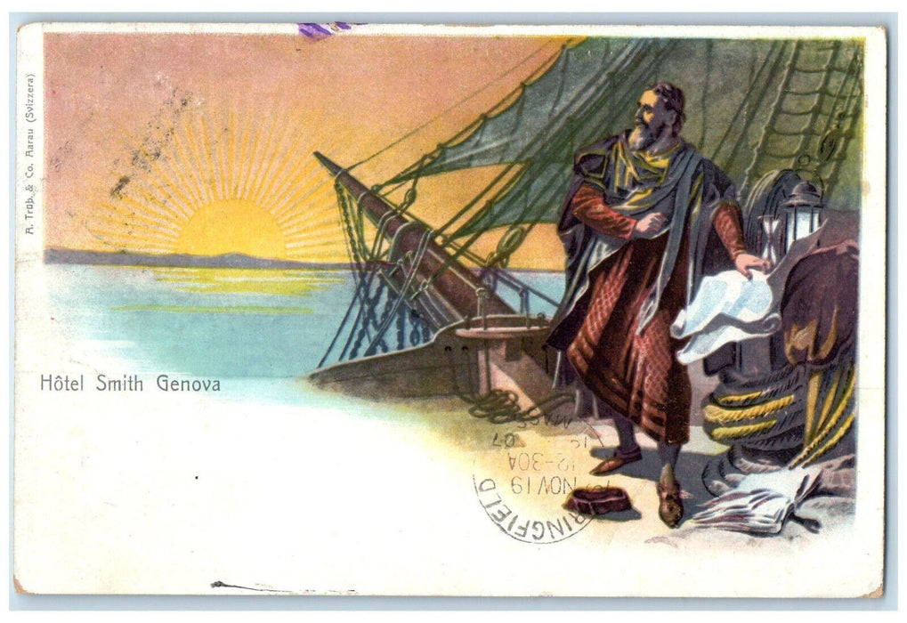 1907 Schooner Boat Sunset Hotel Smith Genova Italy Antique Posted Postcard