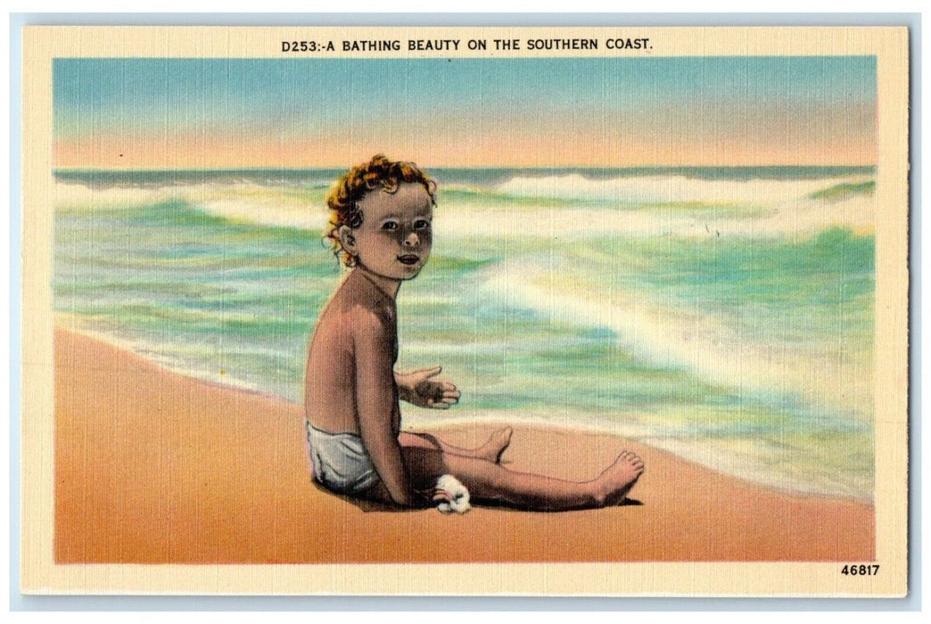c1930's Bathing Beauty On The Southern Coast Beach Scene Vintage Postcard