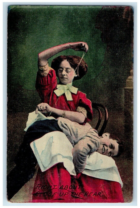 1910 Woman Stitching Pants Close Up The Rear Joice Iowa IA Antique Postcard