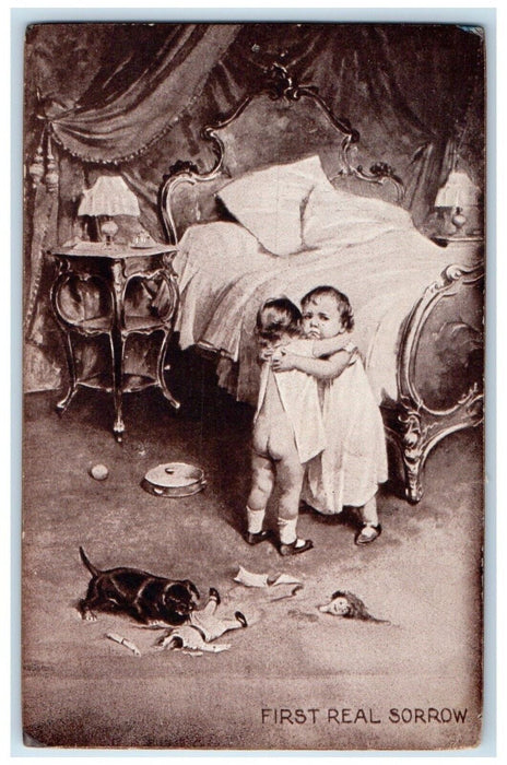 c1910's Little Kids Crying Dog Bite The Doll First Real Sorrow Antique Postcard