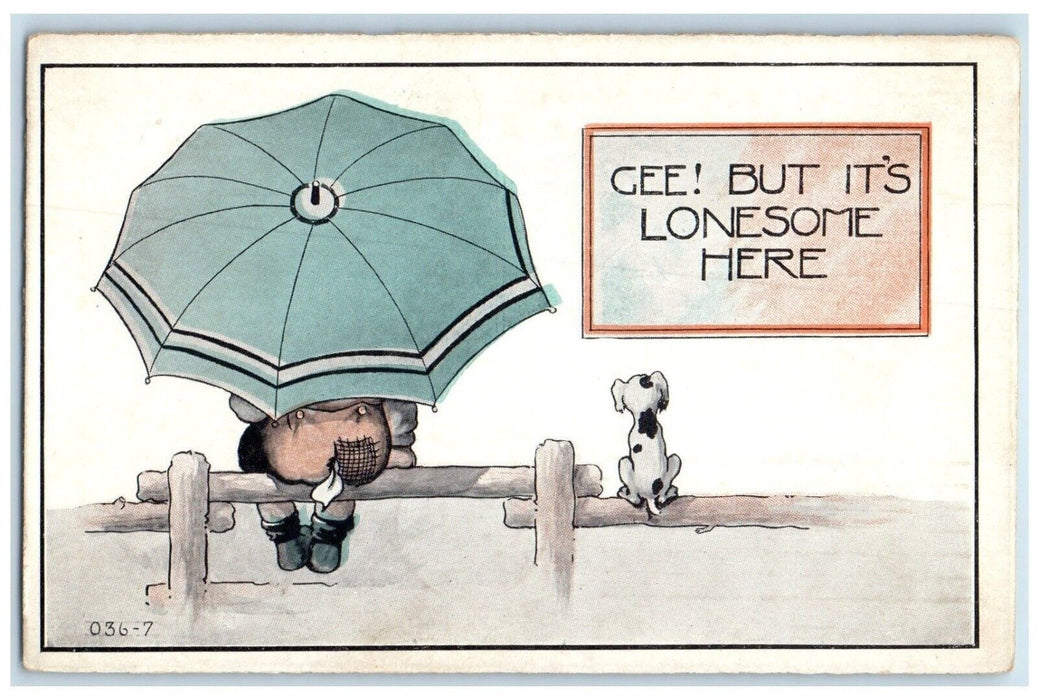1913 Lonely Girl Umbrella Sat On Fence Dog St. Johns Michigan MI Posted Postcard