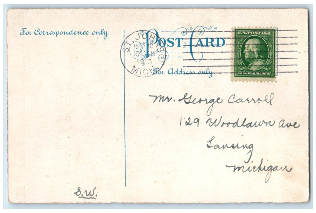 1913 Lonely Girl Umbrella Sat On Fence Dog St. Johns Michigan MI Posted Postcard