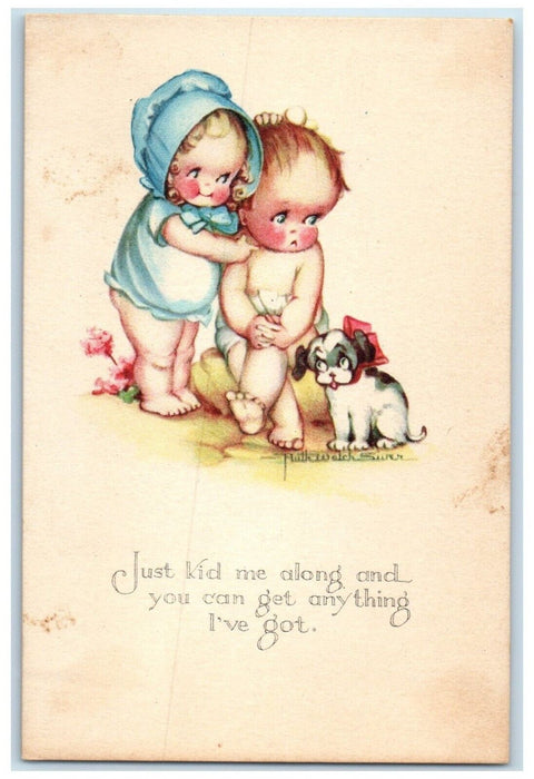 c1910's Cute Little Kids And Dog Red Bow Ribbon Unposted Antique Postcard