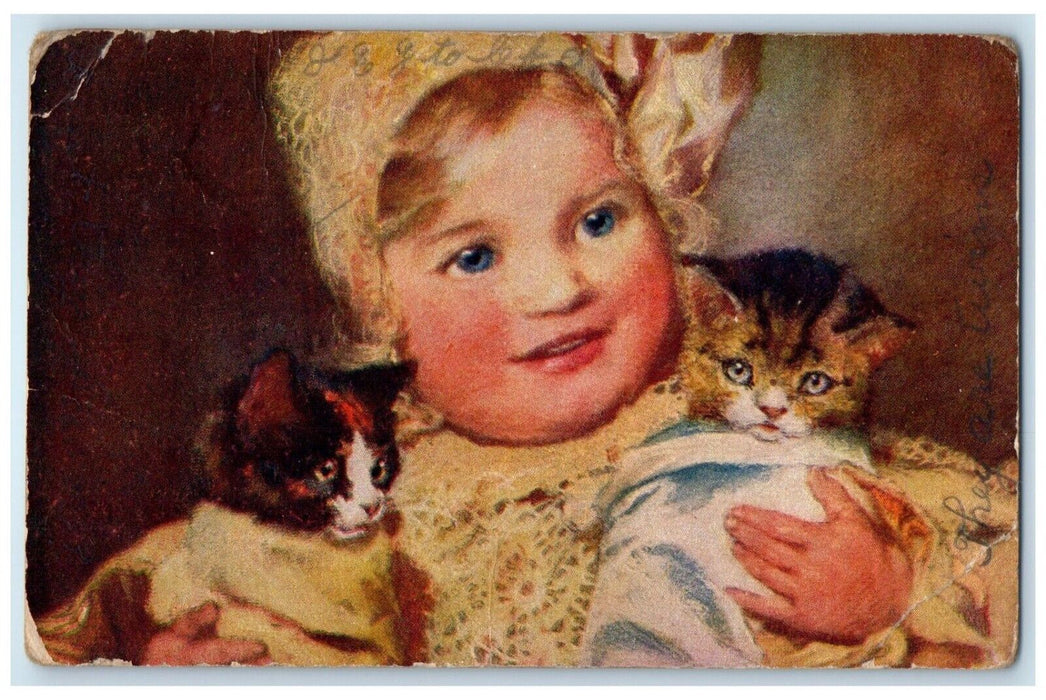 c1910's Cute Little Girl Bonnet Cat Kittens Animals Posted Antique Postcard