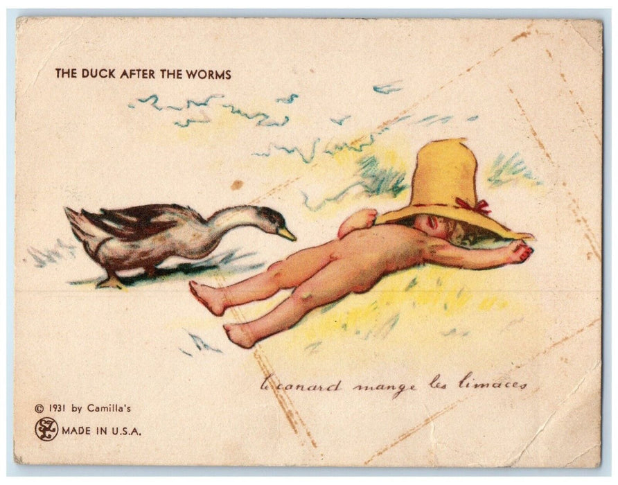 1931 The Duck After The Worms Sleeping Kid Undressed Big Hat Vintage Postcard