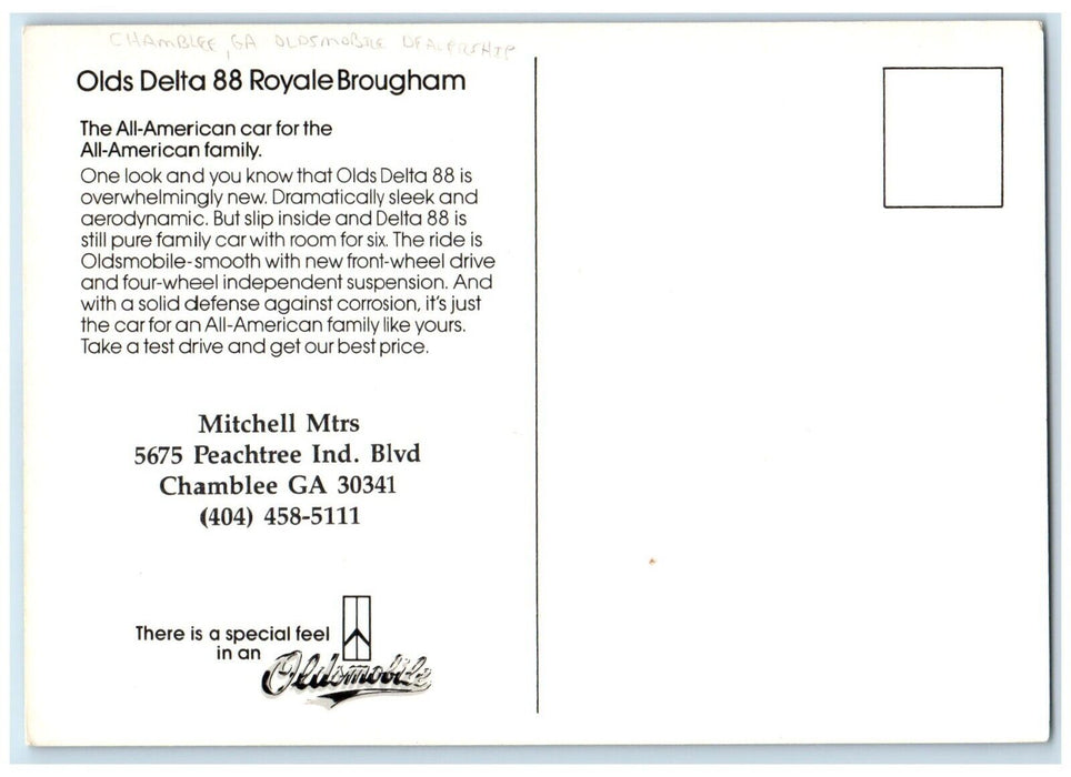 1986 Old Delta 88 Royale Brougham Car Oldsmobile Dealership Chamblee GA Postcard