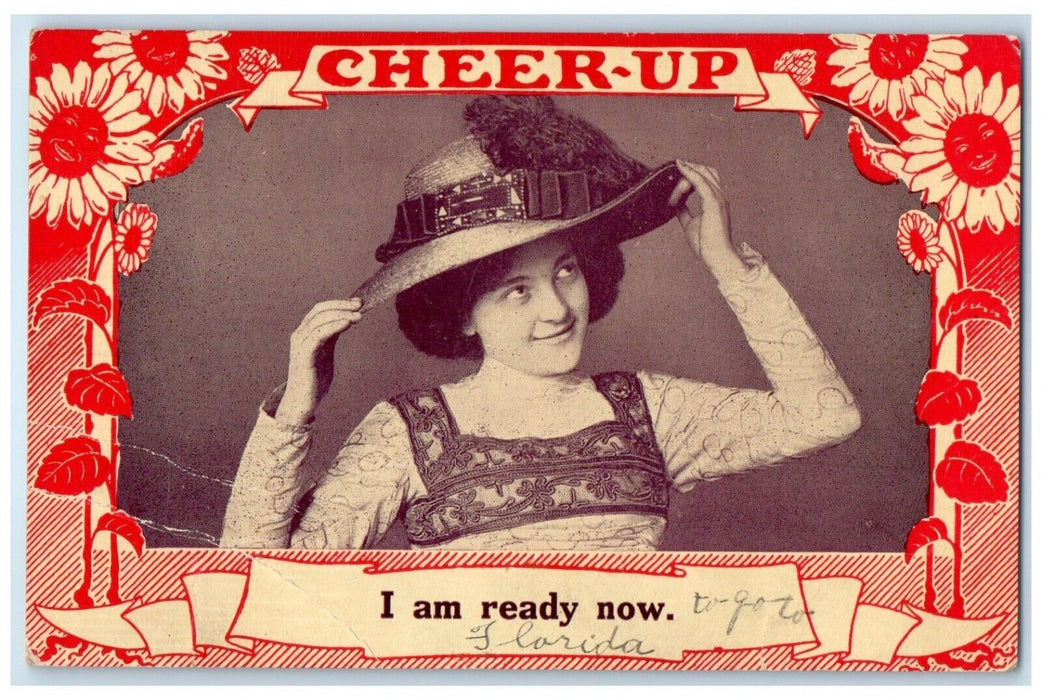 1912 Pretty Woman Feather Hat Cheer Up I Am Ready Now Hanover PA Posted Postcard