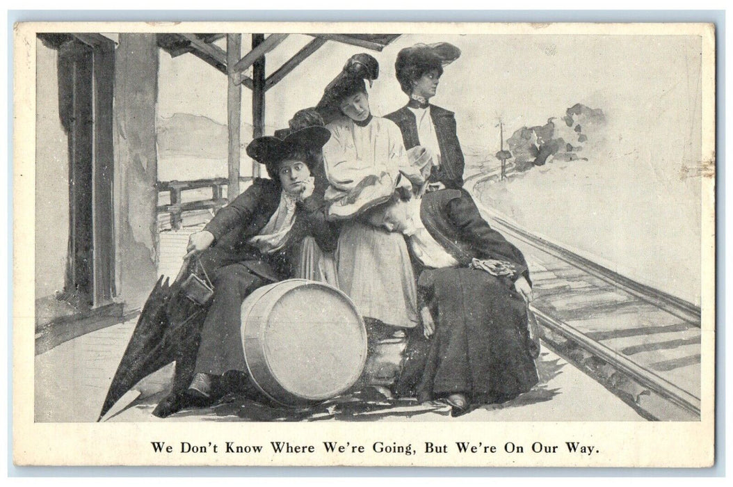 1908 Girls At The Train Station Barrel Steubenville Ohio OH Antique Postcard