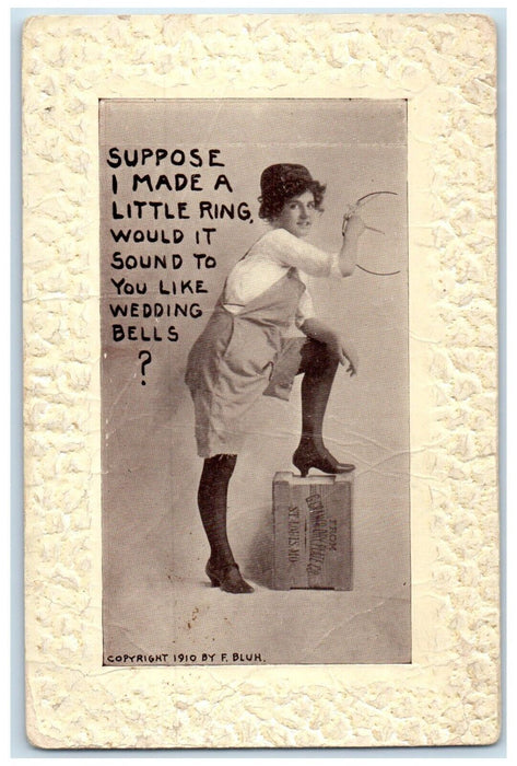 c1910's Pretty Woman Curly Hair Made A Little Ring Embossed Antique Postcard