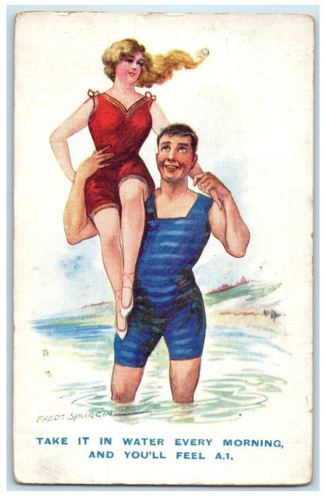 c1910's Couple Romance Take It In Water Every Morning Fred Spugin Postcard