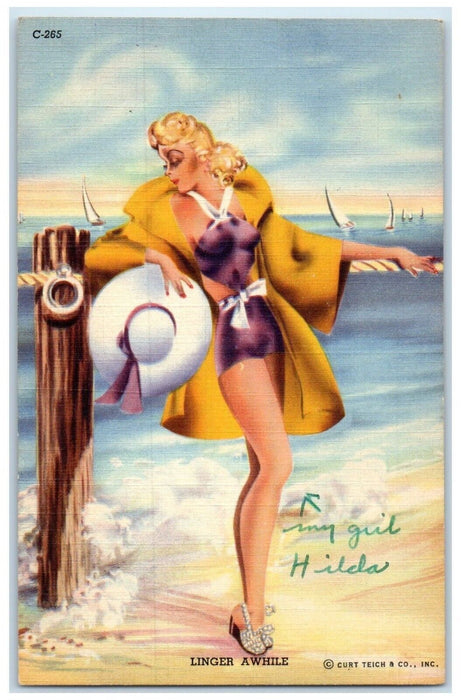 1943 Pretty Woman Brown Curly Hair Swimsuit Little Compton RI Vintage Postcard