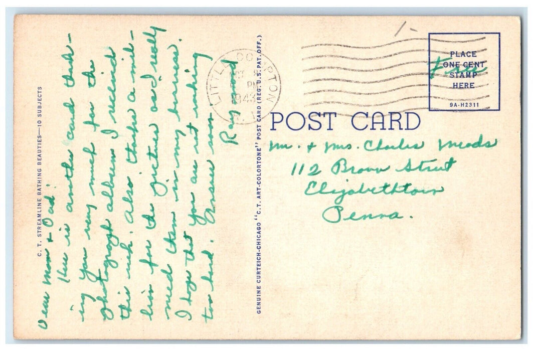 1943 Pretty Woman Brown Curly Hair Swimsuit Little Compton RI Vintage Postcard