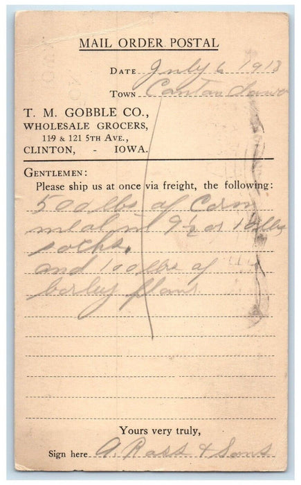 1918 TM Gobble Co. Wholesale Grocers Clinton Iowa IA Mail Order Postal Card