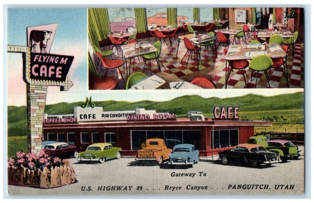 c1930's Flying M Cafe Dining Room Cars Panguitch Utah UT, Dual View Postcard