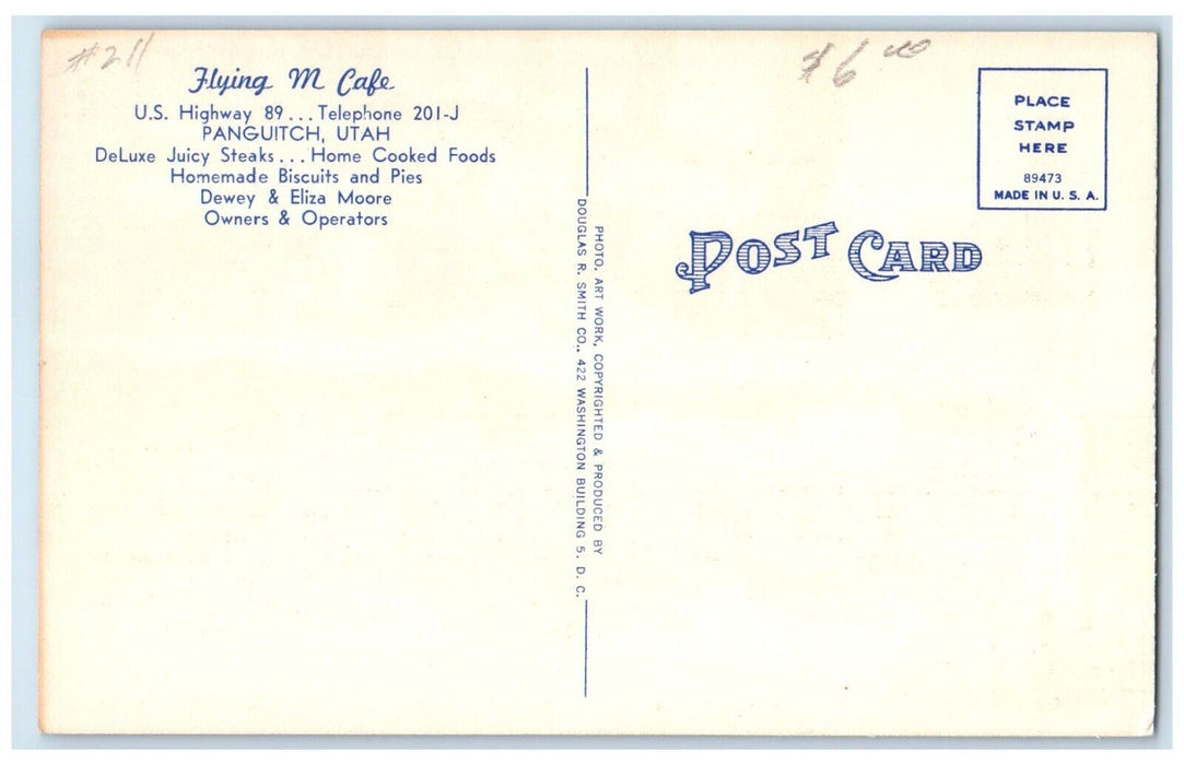 c1930's Flying M Cafe Dining Room Cars Panguitch Utah UT, Dual View Postcard