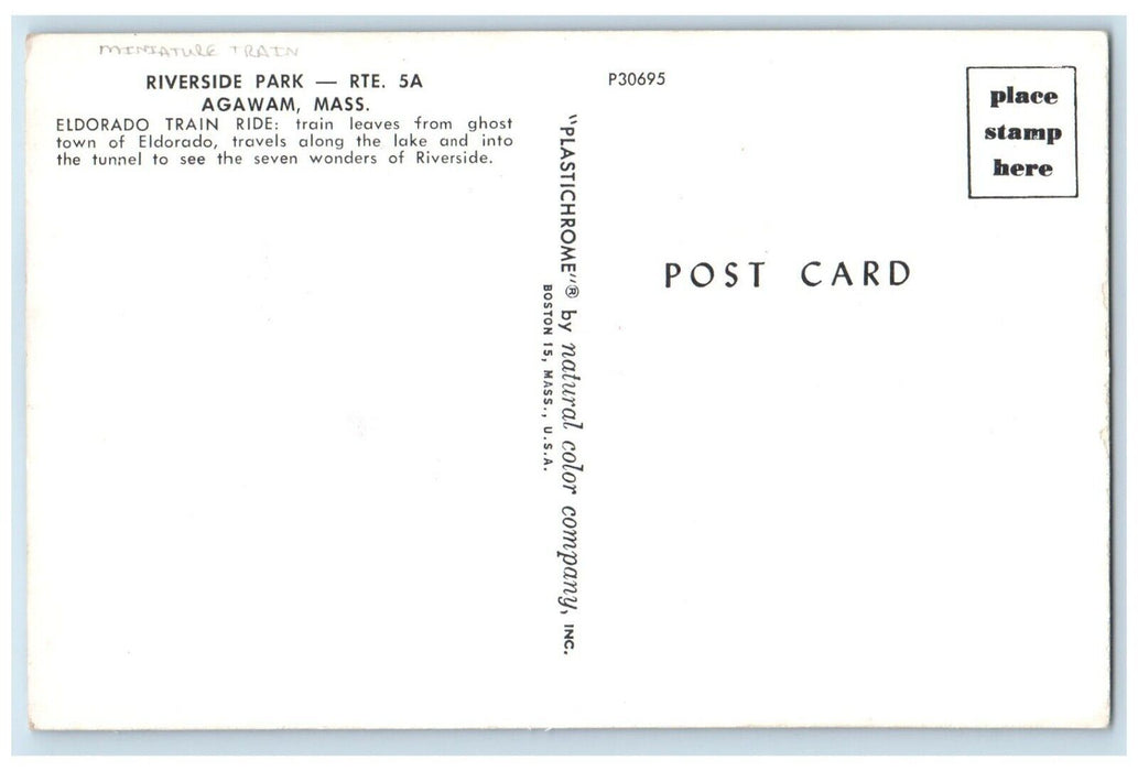 c1960 Riverside Park RTE Eldorado Miniature Train Agawam Massachusetts Postcard