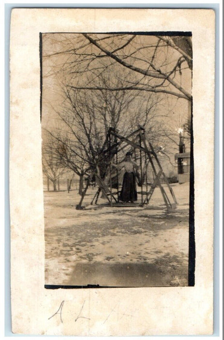 1908 Woman On Wooden Rocker Swing Wilton Junction Iowa IA RPPC Photo Postcard